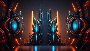 Rendering abstract futuristic background with glowing neon blue and orange lights. photo