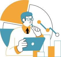 Vector illustration of a man in a business suit and glasses working with a laptop. Flat design.