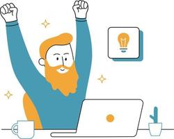 Flat design vector illustration concept of a man with a beard working on a laptop and raising his hands up.