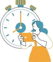 mujer con café taza y reloj diseño, hora herramienta reloj segundo fecha límite medida y cuenta regresiva tema vector ilustración