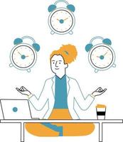 Vector illustration of a woman meditating in front of a laptop. Time Management