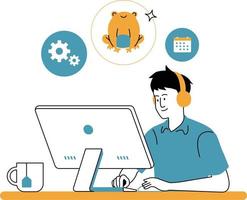 Freelance operator working at computer. Flat design vector illustration.