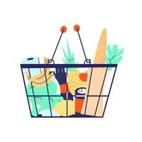 supermercado compras cesta lleno de comestibles. aislado en blanco. plano vector ilustración.