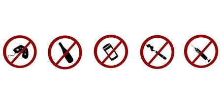 Set of prohibition signs with addictive stuff like alcohol vector