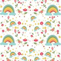 Rainbow seamless pattern with flowers and bees vector