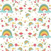 Rainbow seamless pattern with flowers and bees vector