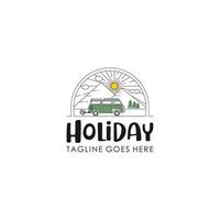 Line art Camper van logo. camping tent and forest silhouette. Recreational vehicle illustration vector