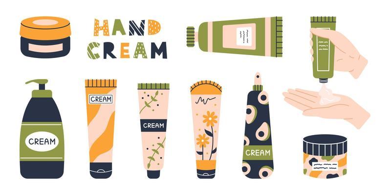 Vector hand cream set. Skincare. Tubes of cream, jurs and sprays. Hand squeezes a tube of cream. Beauty.