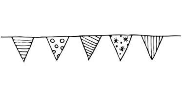 Hand drawn doodle garland of flags. Vector black and white bunting. Triangles.