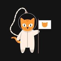 Vector cute cat in space puts a flag. Cat astronaut in flat design. Funny animal astronaut standing next to a white flag.