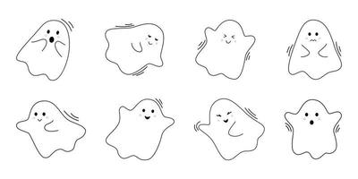 Vector halloween set with cute ghosts. Flying spirits in flat design. Outline phantoms on white background. Doodle ghosts.