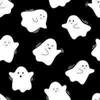 Vector halloween pattern with cute ghosts. Flying spirits. White phantoms on black background. Doodle ghosts. Seamless pattern.