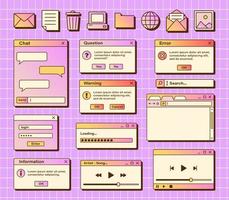 Vector set of retro vaporwave computer interface. Gradient browser and dialog window templates. Nostalgic OS. Retro icons.