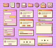 Vector set of retro vaporwave computer interface. Gradient browser and dialog window templates. Nostalgic OS. Retro icons.