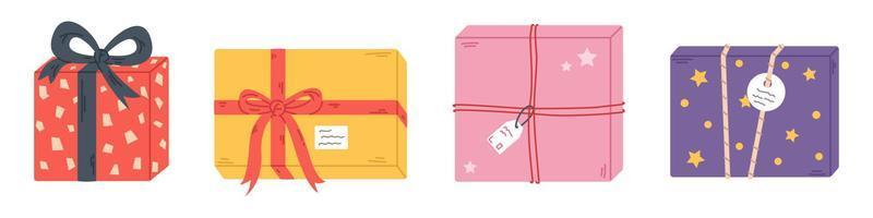 Vector set with gift boxes. Presents with ribbon, rope and bow. Gifts with labels. Cute presents for Christmas, Birthday or other celebration in flat design.