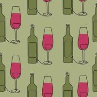 Seamless pattern. Vector illustration of a wine bottle and a glass. Drawing in one line