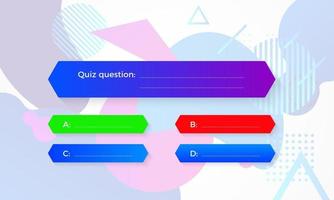 Design of quiz in blue color. Question and four answer option. Correct answer is green. Wrong answer is red. Vector illustration isolated on geometric shapes background