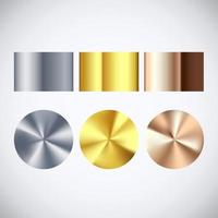 Golden Silver and Bronze radial gradient set. Collection of shiny bronze silvery and gold pattern. Vector illustration