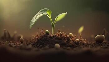 A scene of farming and plant growth is set against a green, blurry backdrop. photo