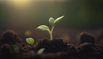 A scene of farming and plant growth is set against a green, blurry backdrop. photo