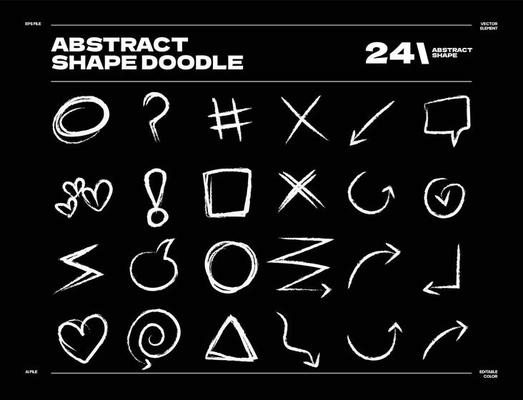 A black and white drawing of various shapes and symbols.