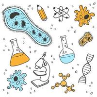 Drawing of various scientific items including microscope, flask, atom, cell, molecules. vector