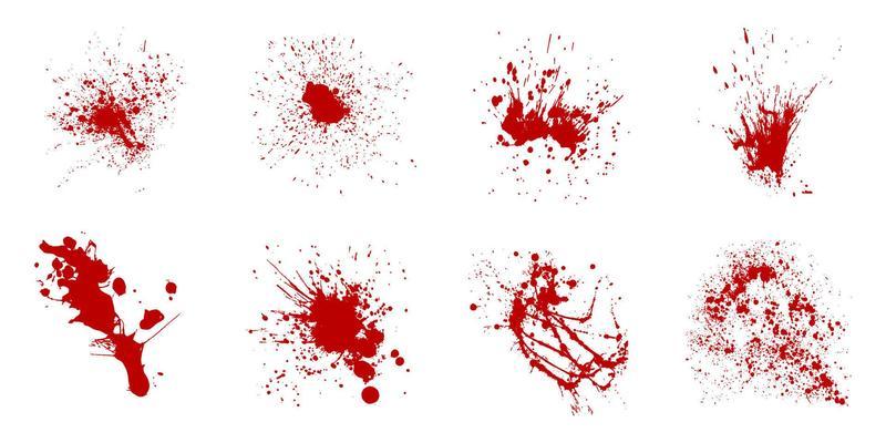 Set of blood red splatters on white background.