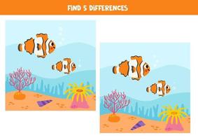 Find 5 differences between two cute cartoon clownfish. vector