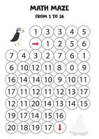 Get cute puffin to the ice berg by counting to 16. vector