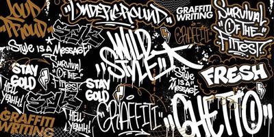 Graffiti background with throw-up and tagging hand-drawn style. Street art graffiti urban theme for prints, banners, and textiles in vector format.