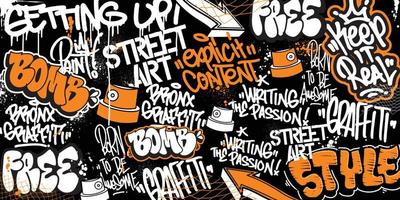 Graffiti background with throw-up and tagging hand-drawn style. Street art graffiti urban theme for prints, banners, and textiles in vector format.