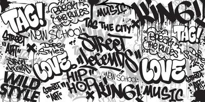 Graffiti background with throw-up and tagging hand-drawn style. Street art graffiti urban theme for prints, banners, and textiles in vector format.