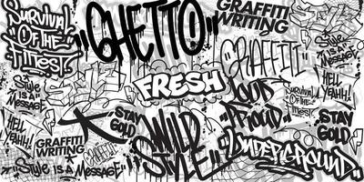 Graffiti background with throw-up and tagging hand-drawn style. Street art graffiti urban theme for prints, banners, and textiles in vector format.