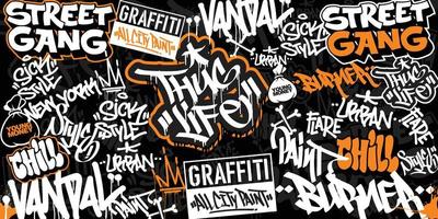 Graffiti background with throw-up and tagging hand-drawn style. Street art graffiti urban theme for prints, banners, and textiles in vector format.