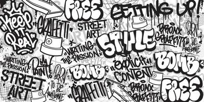 Graffiti background with throw-up and tagging hand-drawn style. Street art graffiti urban theme for prints, banners, and textiles in vector format.