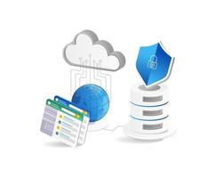 Cloud computing concept. Data center, cloud storage, server and shield. Isolated vector illustration