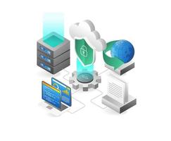 Cloud computing isometric concept. Server  network  data center  cloud computing  data storage. Vector illustration