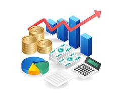 Vector isometric illustration of a growing graph with gold coins and calculator