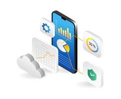 Isometric design concept of mobile app development, cloud computing, big data analytics. Vector illustration