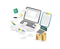 Flat 3d isometric office objects concept. Laptop, notepad, coffee cup, calculator, coins and checklist. Vector illustration.