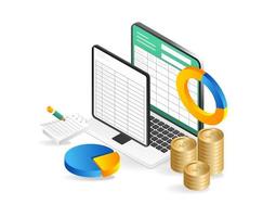 Laptop  tablet  graph  pie chart and coins. Isometric vector illustration.