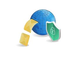 Internet security concept. Shield and globe with padlock. Vector illustration