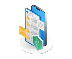 Smartphone with shield and envelope icon. Isometric vector illustration.