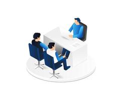 Business meeting isometric vector illustration. Group of business people sitting at the table and talking.