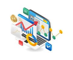 Flat 3d isometric design concept of online analytics  data analysis  financial reporteting research  business strategy. vector