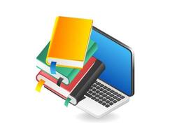 Laptop and stack of books on a white background. Vector illustration