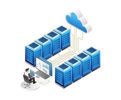 Isometric server room. Cloud computing and data storage. Vector illustration