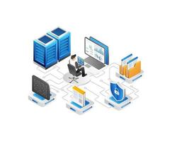 datos centrar isométrica concepto con servidor habitación y nube informática símbolos vector ilustración