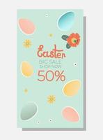 Happy easter sale banner. Flowers with the easter egg on blue background. Can be add text. vector