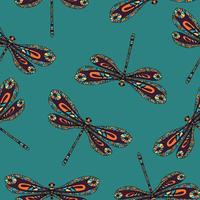 Seamless pattern with hand drawn dragonfly on blue background.. vector